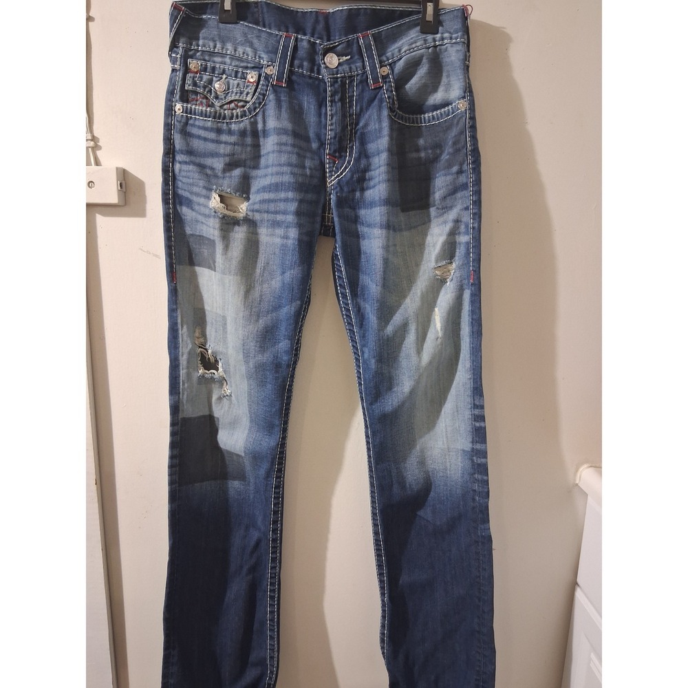 True Religion Section Straight Mens Jeans Size 31 Distressed Patchwork BlueDenim